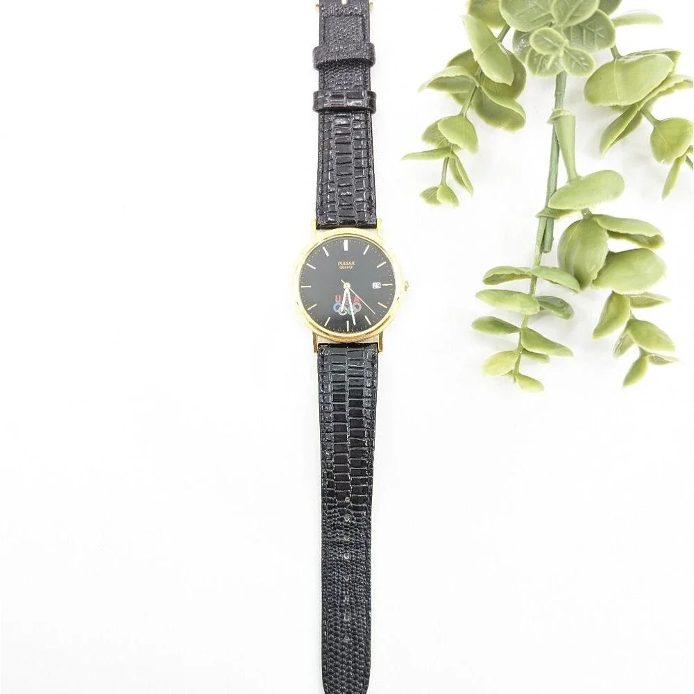 Pulsar Olympic Vintage USA Gold Black Reptile Leather Embossed Band Watch